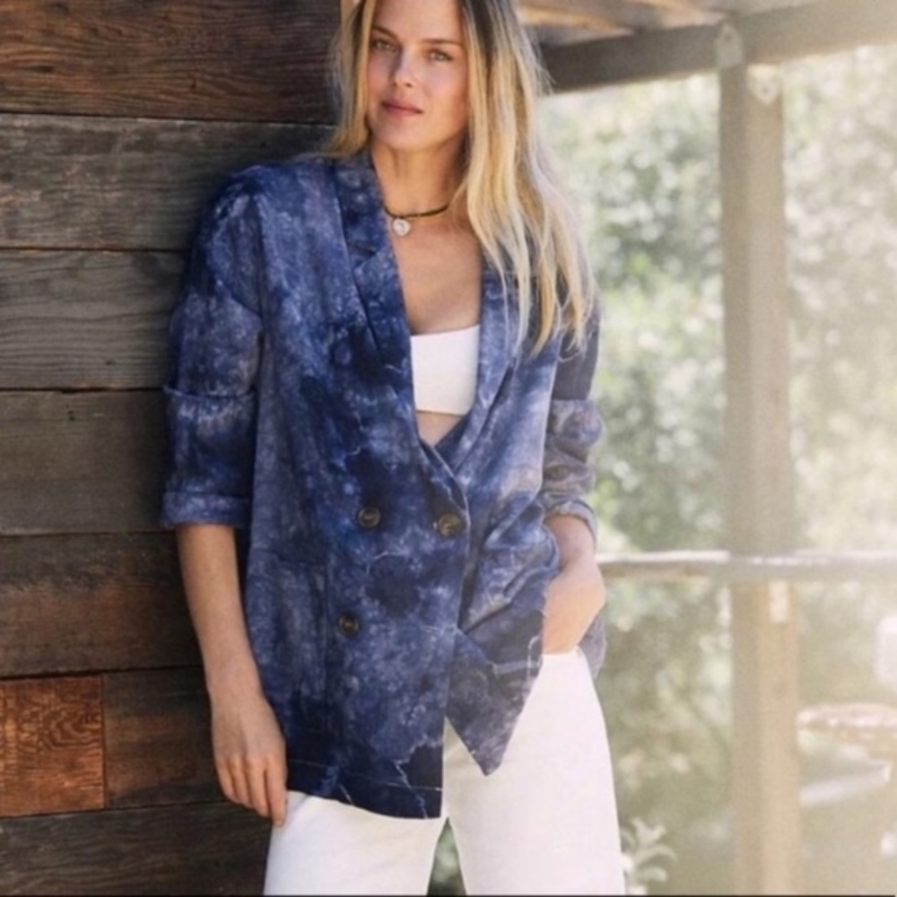 Anthropologie Amadi Blue Tie-Dye Linen Blend Blazer Jacket Size L